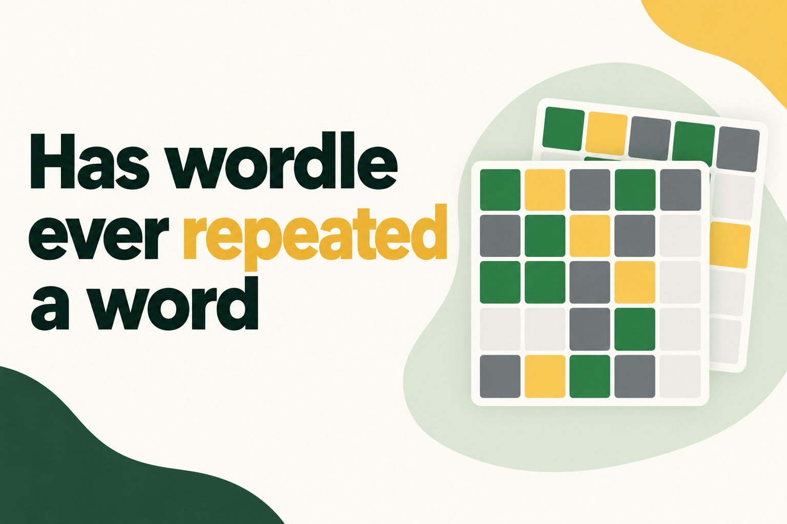Wordle game grid with the headline question, “Has Wordle ever repeated a word?”
