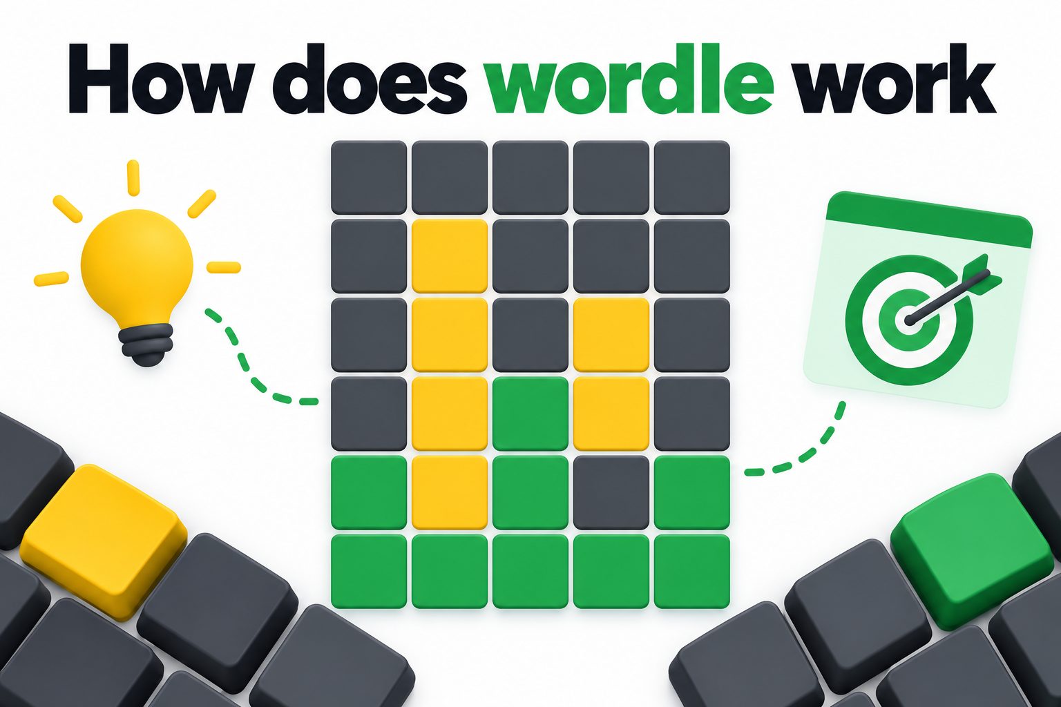 Colorful Wordle-style grid with letter tiles spelling a guessed word